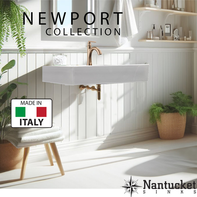 Nantucket Sinks Newport 36'' White Fireclay Rectangular Wall Mount Bathroom Sink with Overflow