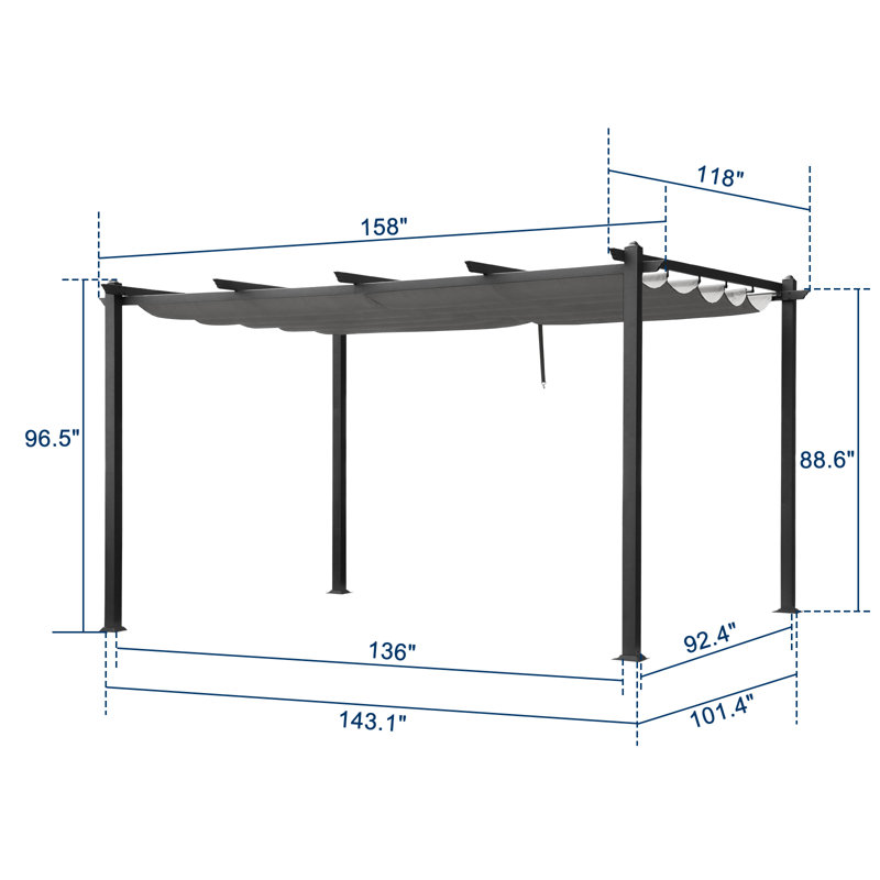 13 pi. L 10 pi. Pergola en métal avec auvent, Taupe