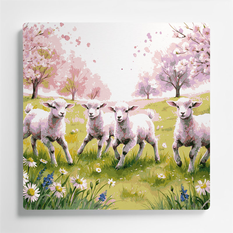 «Farm Spring Lambs», art mural en métal beige, H 12 po x l 12 po