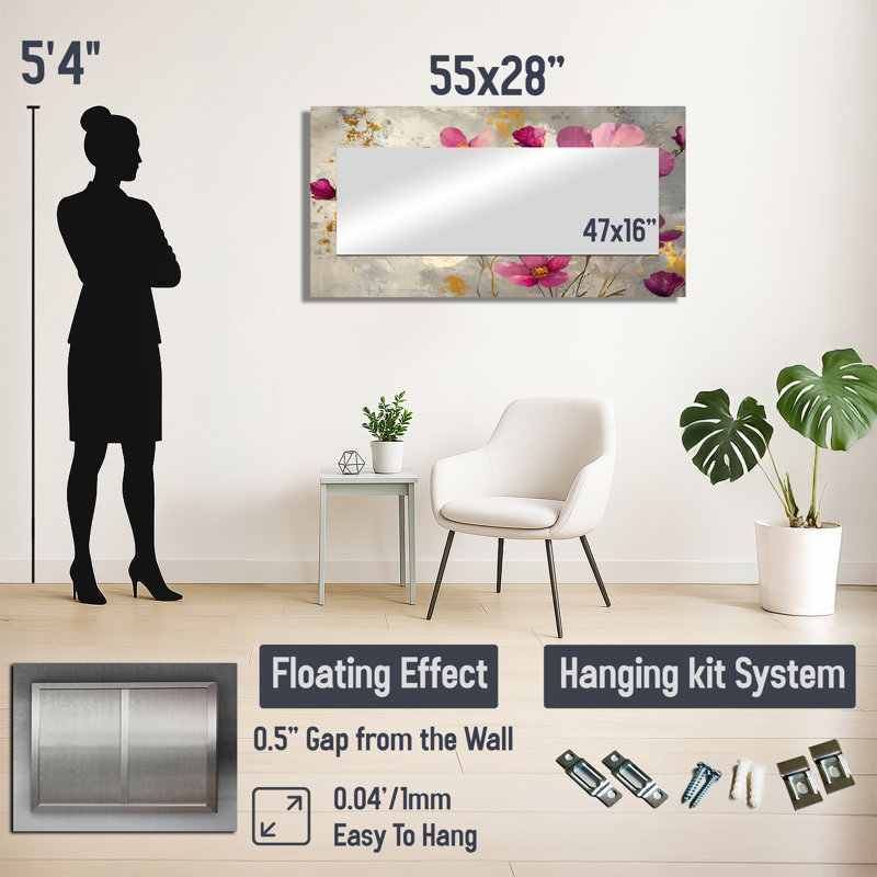 Fleurs sauvages et bouquet de coquelicots lavande - art mural miroir coquelicot - imprimé sur métal, 28 po x 55 po