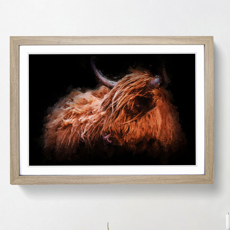 Highland Cow in the Shadows - Picture Frame Painting Print on MDF, 36cm H x 48cm W x 2cm D, Oak Framed