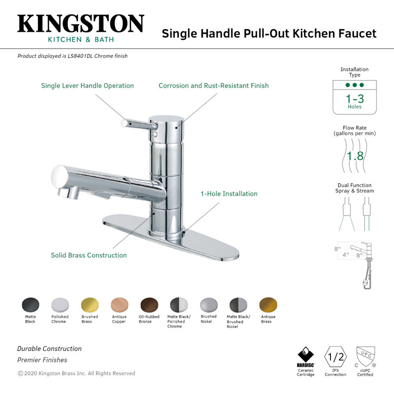 Kingston Brass Concord Single-Handle 1-Hole Deck Mount Pull-Out Sprayer Kitchen Faucet, Antique Brass