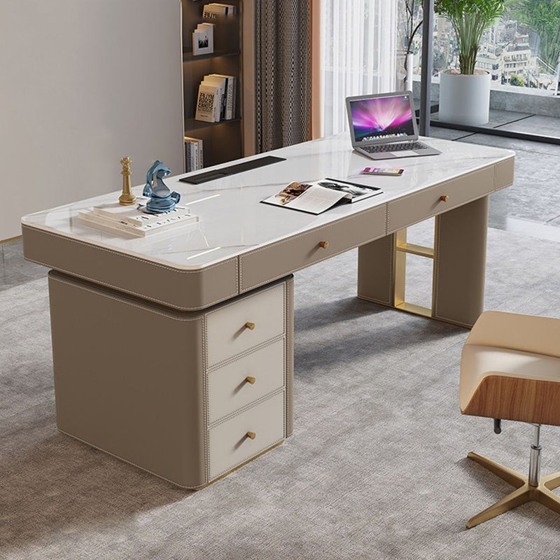 Bureau 5 tiroirs blanc + kaki + or fritté rectangulaire + bois manufacturé + acier inoxydable, Retour à gauche