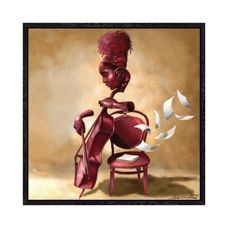 The Solo Cellist by Salaam Muhammad - Painting on Canvas, 66.04cm H x 66.04cm W x 3.81cm D, Black Floater Framed