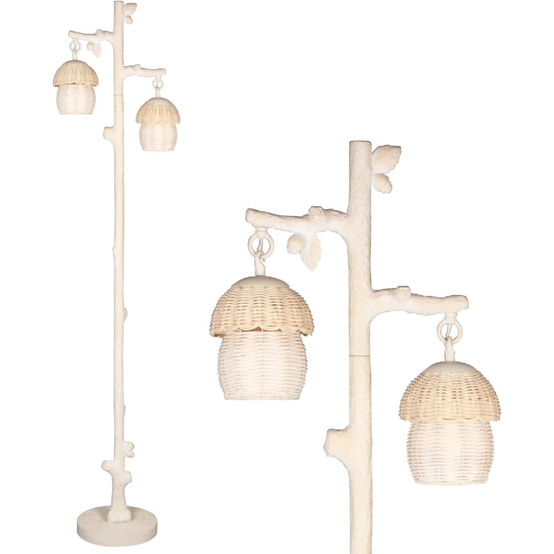 Lampe sur pied en rotin Boho avec faux arbre en bois, pomme de pin beige et feuilles décoratives