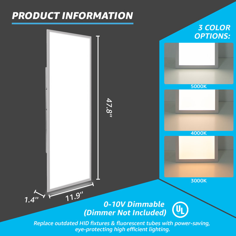 Dimmable Rectangular Flat Panel Ceiling Light, 47.76" H x 11.93" W x 1.4" D