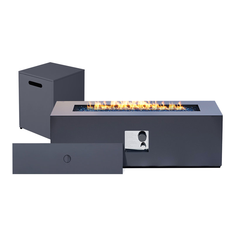 Tashieka 42-Inch Rectangular Iron Propane Outdoor Fire Pit Table with Tank Cover, Lid and Rain Cover, Dark Gray