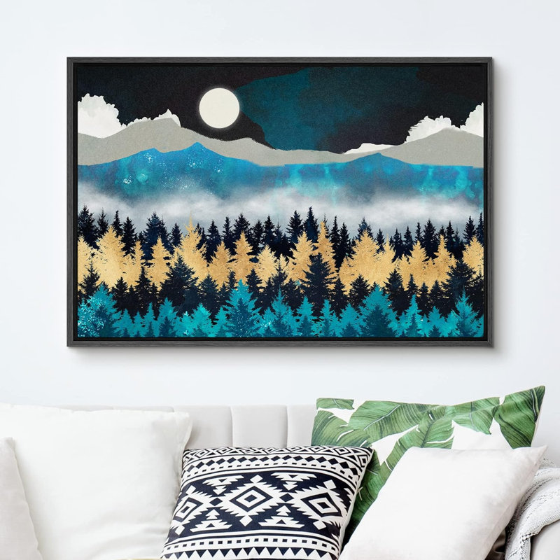 «Woodland Teal Granite Mountain Range Forest Nature Wilderness Modern Art Rustic Zen Landscape» sur toile, Noir