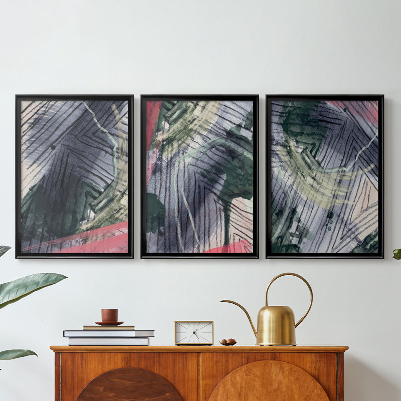 Angled Spaces I - Toile tendue avec châssis sur mesure - 3 pièces, H 27 po x l 39 po, Noir