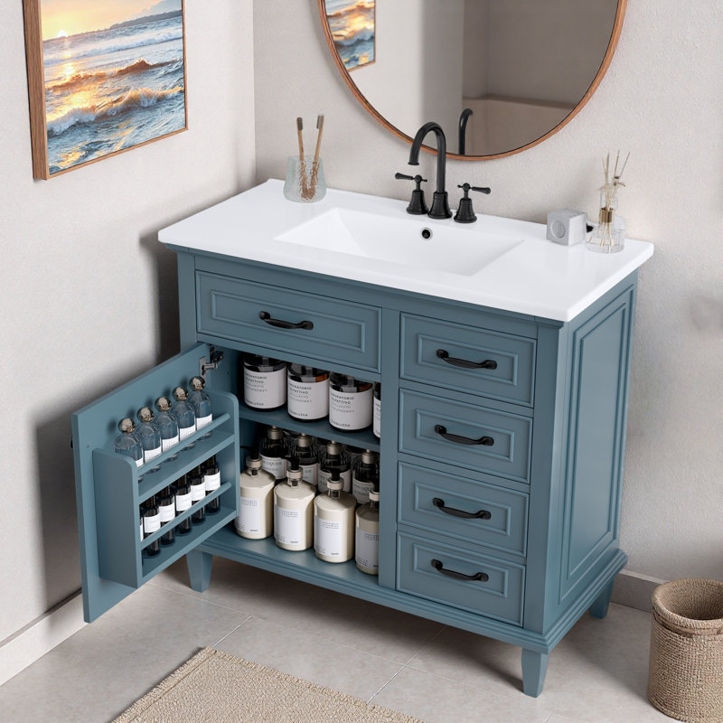 Meuble-lavabo de salle de bain avec lavabo en céramique, armoire, tiroirs, tablette réglable et poignées en alliage de zinc