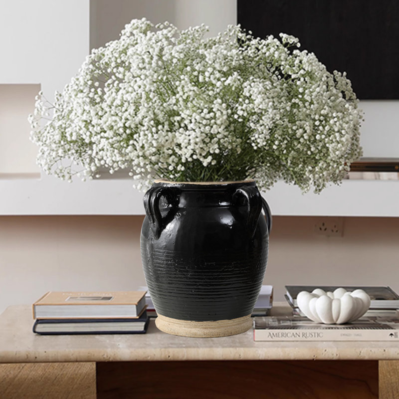 Vase en terre cuite noir rustique 9,8 "avec poignées