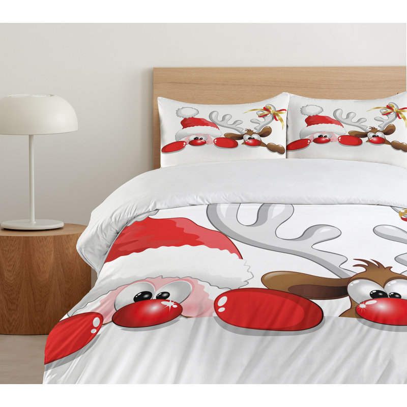 Queen Size Vermilion Caramel White Santa Claus Reindeer Duvet Set
