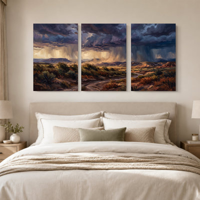 Dramatic Storm Clouds Over Desert Hills And Winding Path Set Of 3 Canvas Wall Art