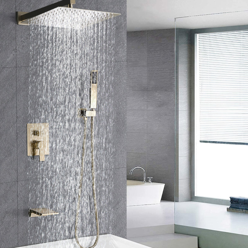 Complete Shower Kit With 12" Head And Handheld, Wall Mounted, Ceramic Disc, Balance, Magnificent Look, Brushed Gold Elegant