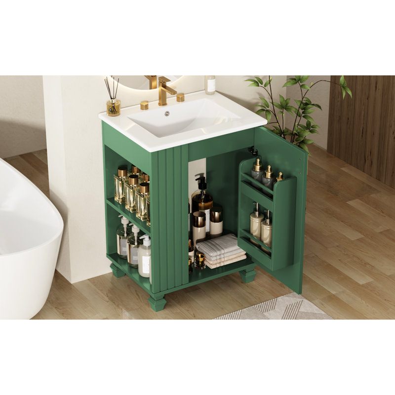 Meuble-lavabo classique de 24 po avec lavabo, poignées en métal, rangement latéral ouvert, 2 tablettes, assemblage facile, structure en céramique de conception autoportante, compartiments, porte, finition peinte,
