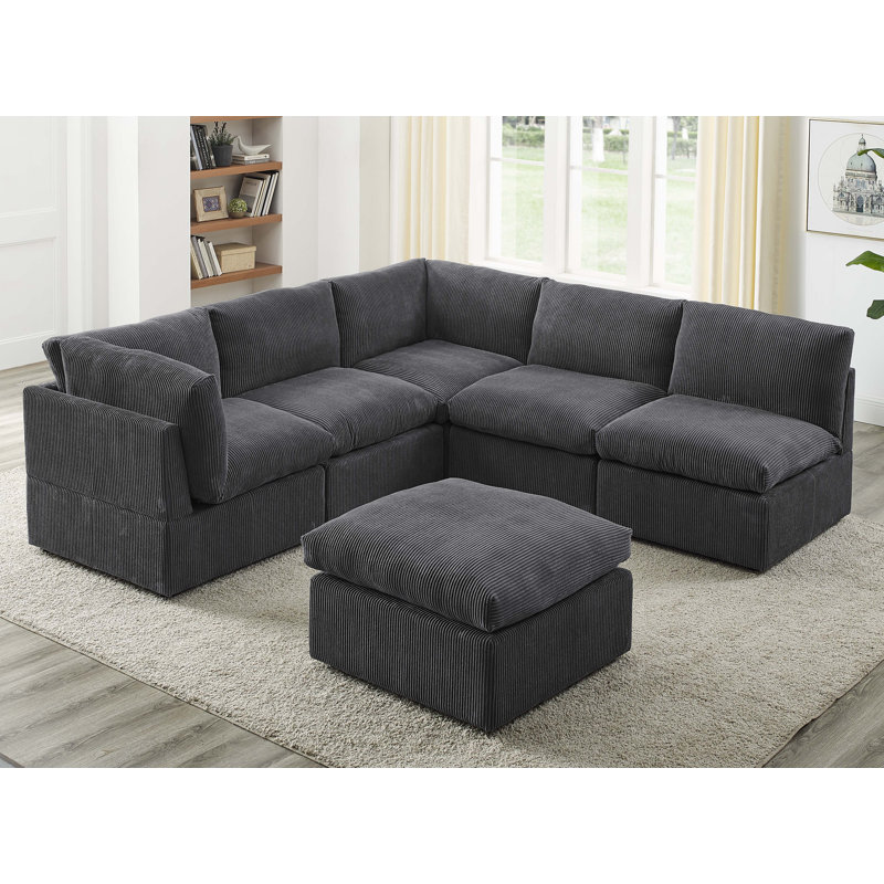 Kyanne Priyen 98" Wide Symmetrical Modular Corner Sectional, Dark Gray Corduroy