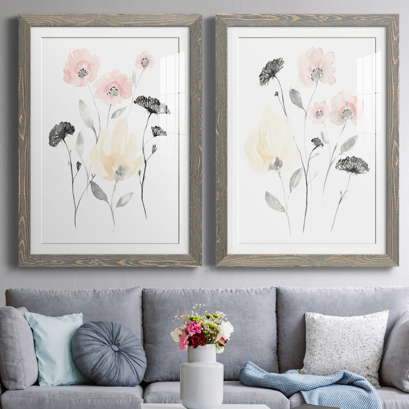 Blush & Black Wildflowers I encadré mat - prêt à accrocher, H 20 po x l 34 po x P 1 po, Cadre gris