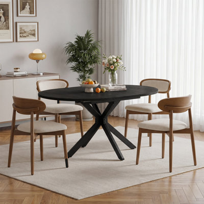 Modern Extendable Round Dining Table Set, 43"-59" Convertible Oval Dining Table and 4 Upholstered Dining Chairs for 4-6 People