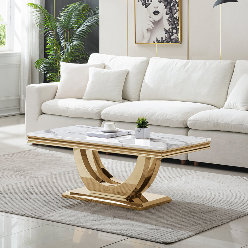 Luxury Faux Marble Coffee Table, 46.85" White Sofa Coffee Table with 0.71" Thick Marble Tabletop and Mirrored Stainless Steel Base, Modern Cocktail Table Center Table for Living Room Office