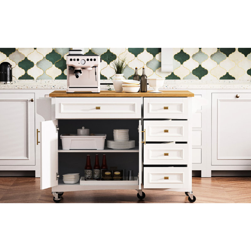 Luminique 52'' Kitchen Island With Drop Leaf And 5 Drawers, White Duplicate 1