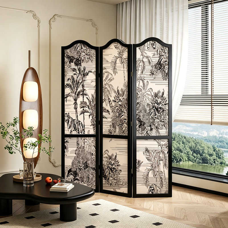 Solid Wood Folding Movable Room Divider with Black Line Drawing Tropical Pattern, 70.87" H x 53.15" W x 1.57" D