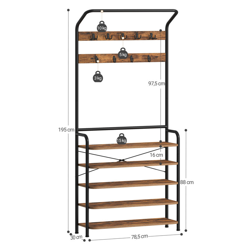 Coat Stand, Coat Rack with Shoe Storage and Adjustable Shelves, FreeStanding Metal Coat Hall Tree with 9 Hooks, 5 Shelves for Hallway, Living Room, Bedroom, Office