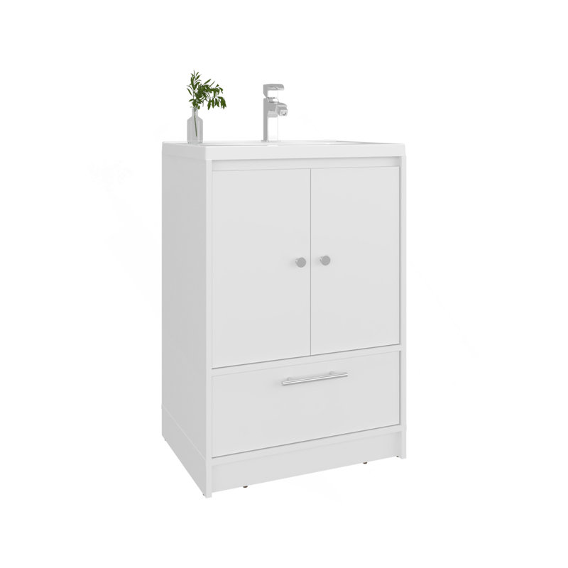Bathroom Vanity With Sink, 2 Doors, 1 Drawer, White, White