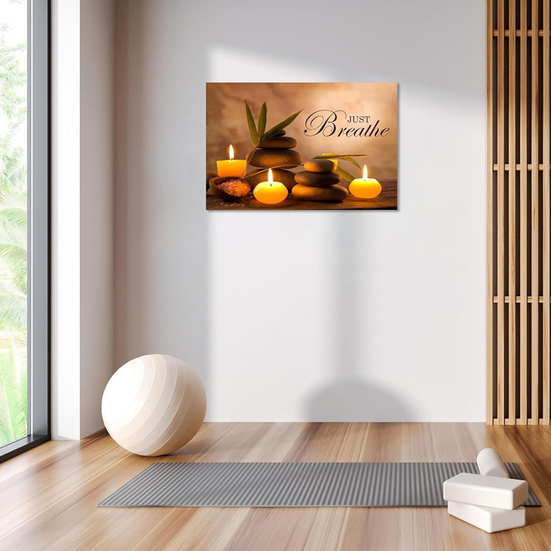 Zen Wall Decor Just Breathe Motivational Bathroom Wall Art Yoga Room Poster Spa Picture Painting Spiritual Artwork Framed for Living Room Ready to Hang (16L x 24W)