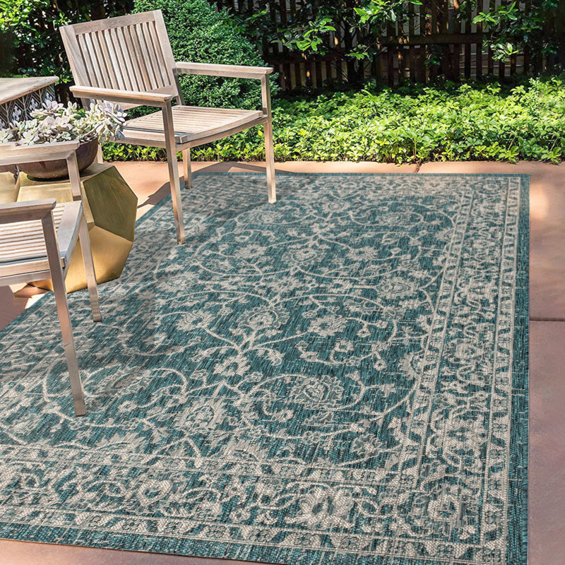 Haupt Vine and Border Textured Weave Teal/Gray Indoor/Outdoor Rug, Rectangle 5'3" x 7'7"