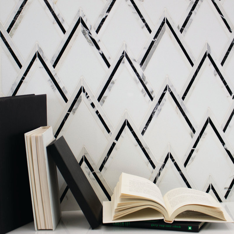 Ogee 4.23" x 5.28" Marble Chevron Mosaic Wall Tile, Black/White