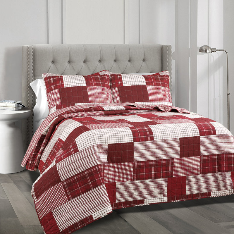 Ensemble de courtepointe réversible en coton Greenville, Courtepointe double / grand et 2 taies décorative, Rouge