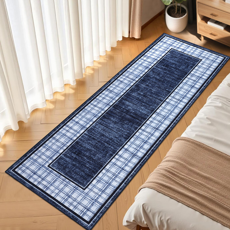 Modern Plaid Machine Washable Rug with Non-Slip Backing, Foldable Low Pile Floor Cover, Contemporary Bordered Indoor Mat for Bedroom, Living Room