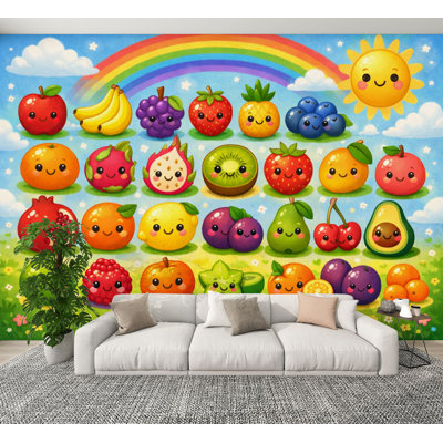 Kids Learning Peel and Stick Wallpaper for Classroom Cute Kawaii Fruit Characters Rainbow Smiling Sun Colorful Cartoon Wall Murals 100"H x 144"W Removable PVC Wall Paper Self-Adhesive Wall Decor for Bedroom Nursery