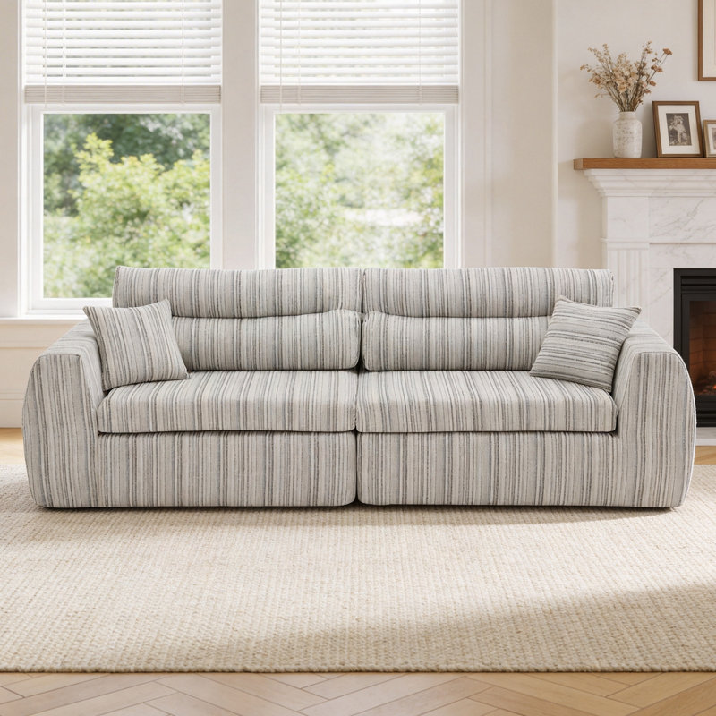 Canapé en chenille éponge compressée en tissu à rayures, canapé 3 places moderne rembourré avec coussins décoratifs pour salon, appartement, petit espace (blanc et taupe)