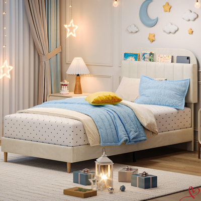 Twin/Twin XL Bed Frame with Storage Headboard Velvet Upholstered Platform Bedframe for Kids No Box Spring Needed by Ebern Designs