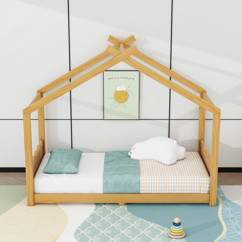 Wood House Floor Bed With Slats, Natural, Twin