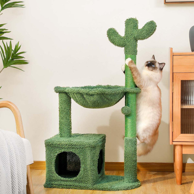 Arbre à chat Cactus de 39,4 pouces, avec hamac, grande planche à gratter en sisal, convient aux chats d'intérieur de taille moyenne