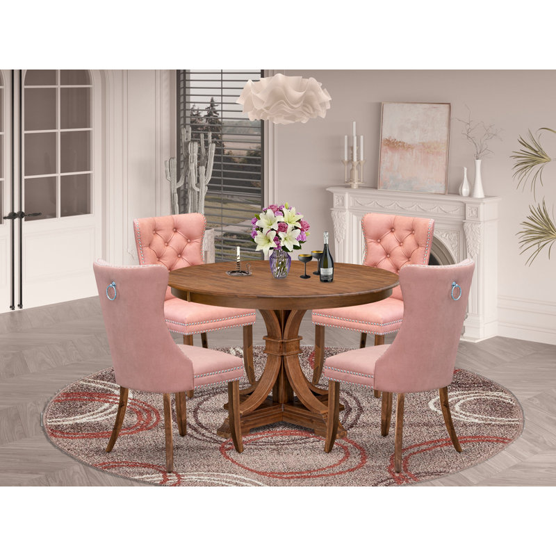 Ensemble de 7 pièces modernes comprenant une table de salle à manger de style Mid-Century et 6 chaises Parson en simili cuir bourgogne avec dossier capitonné, noyer antique