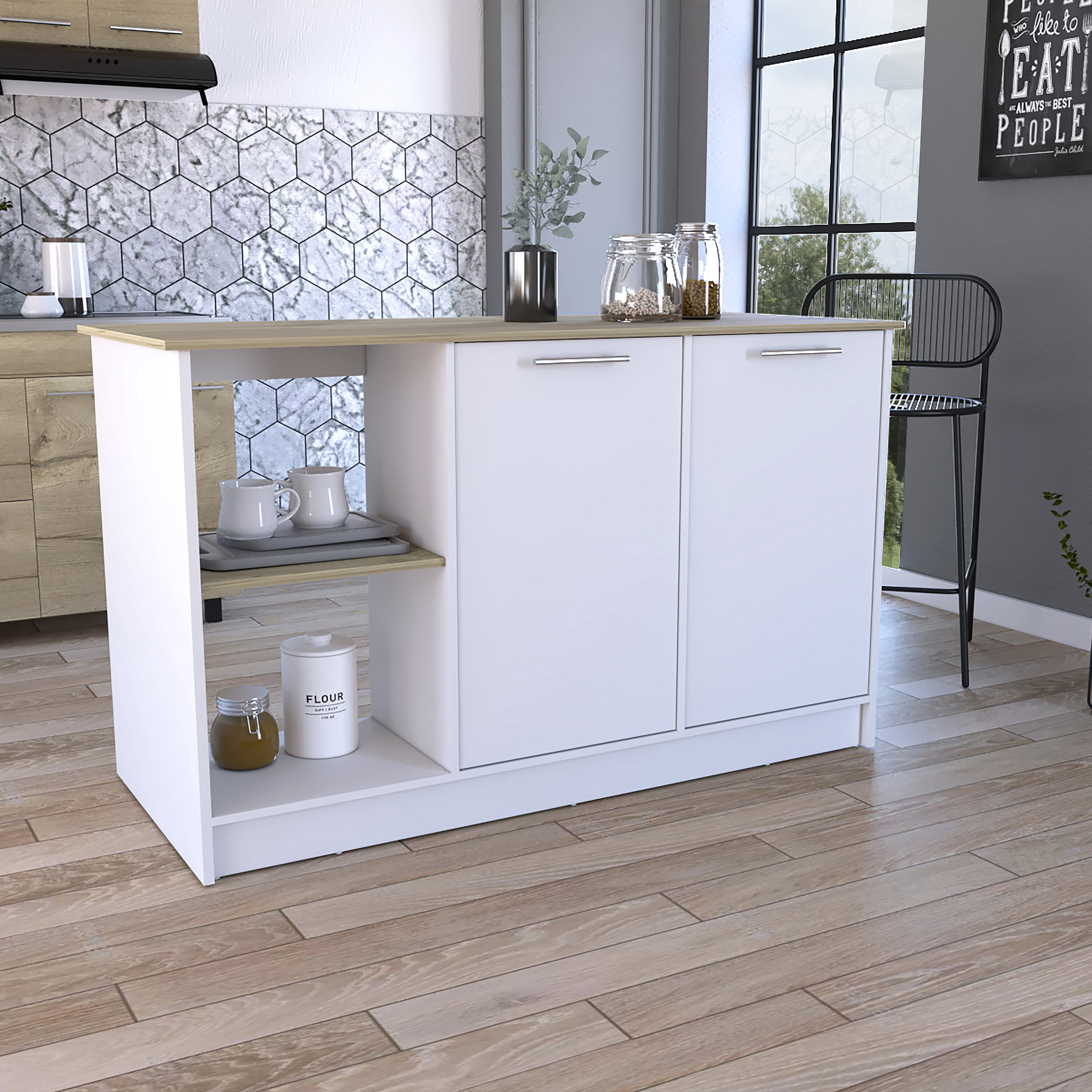 Juniper 59-inch Wide Kitchen Island with 2 Open Shelves and 2 Cabinets, Light Oak / White