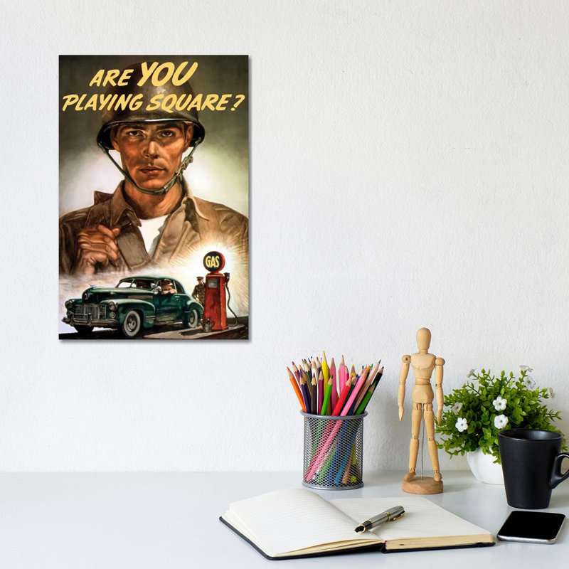 WWII Propaganda Poster Of A Soldier Overlooking A Man At The Gas Pump by Stocktrek Images - Wrapped Canvas Print