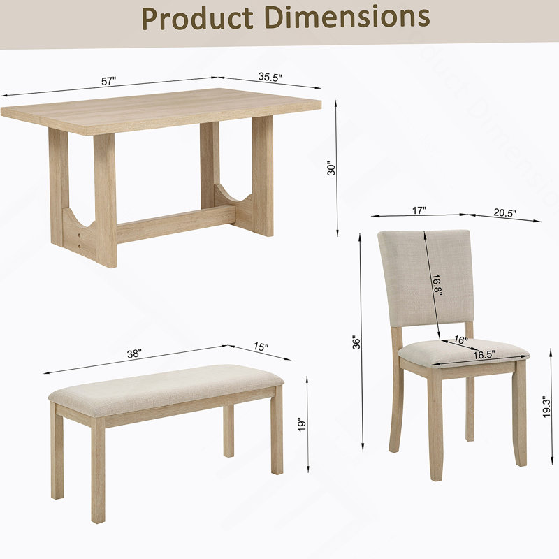 Ensemble de table de salle à manger 6 pièces, table de cuisine rectangulaire en bois avec banc et 4 chaises rembourrées