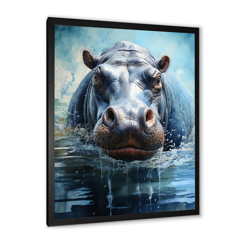 «Grey Powerful Hippo Waters Reflect III - Hippopotamus», art mural, H 40 po x l 30 po x P 1,5 po, Cadre simple noir