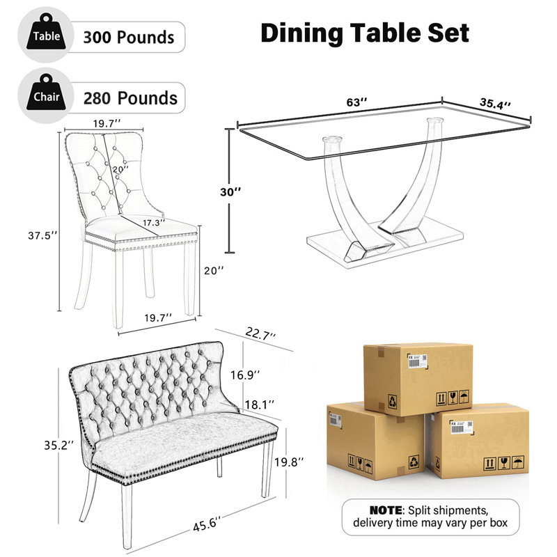 Table de salle à manger rectangulaire en verre trempé avec banc capitonné, table de salle à manger de luxe avec chaise capitonnée en velours pour salle à manger