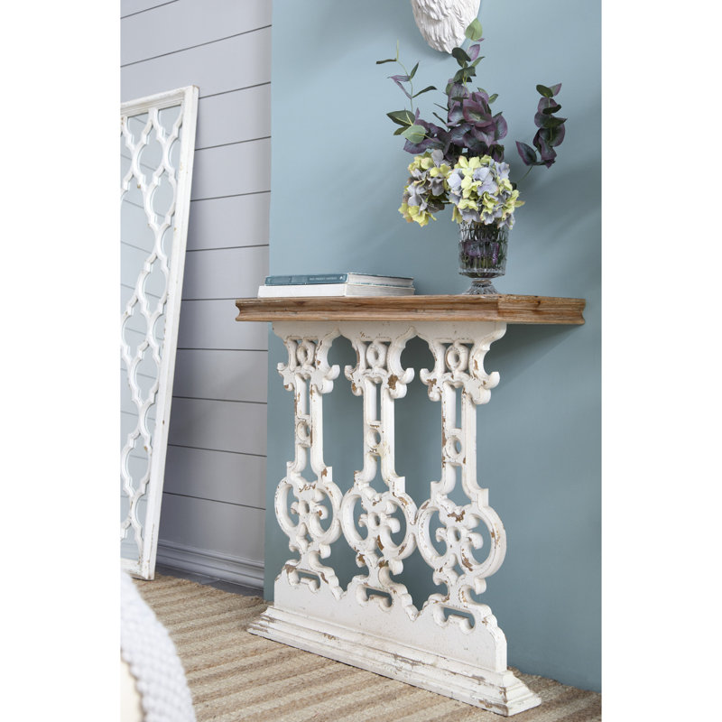 Console de 32 po avec plateau en bois brun et base rétro blanchie à la chaux, comptoir additionnel blanc 31,9 po x 11,8 po, pièce décorative