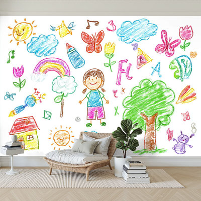 Peel and Stick Wallpaper 144" W x 100" H Modern Self Adhesive Wall Mural for Bedroom Child drawings crayon Kids doodle drawing children crayon drawing