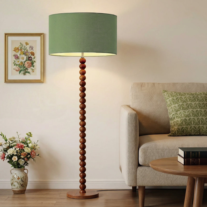 Lampe sur pied en bois perlé de 61 po avec abat-jour en lin de 17,2 po, lampe sur pied au fini noyer rétro pour salon, chambre à coucher, bureau, coin lecture et coin, homologuée UL, douille E26, ampoule non incluse