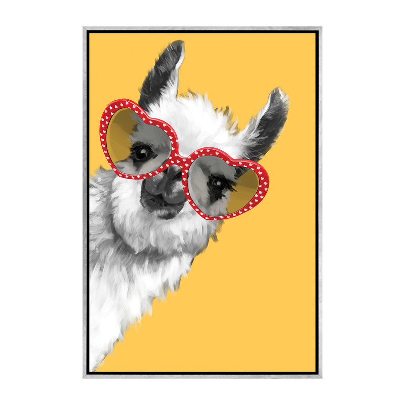 Art de llama mode avec verres à hipster, H 60 po x l 40po x P 1,5 po, Toile avec cadre argenté