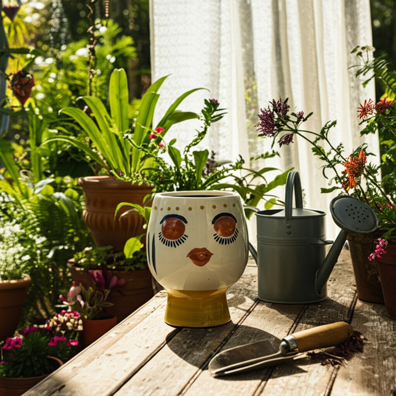 Stoneware Ceramic Planter with Decorative Face Design and Elevated Base for Modern Contemporary Decor, 8" H x 6" W x 6" D