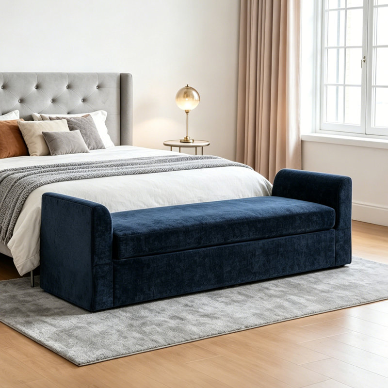 CHIRA  Oversized Bed Ottoman, Blue Chenille Upholstered Extra Long Bench with Arms, Blue