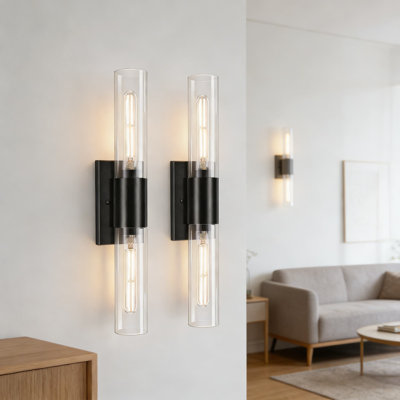Modern Wall Sconces Set Of 2, Black Bathroom Light Fixtures With Clear Glass Shade, 2-Light Vanity Lighting For Mirror, Bedroom, Hallway, E26 Base